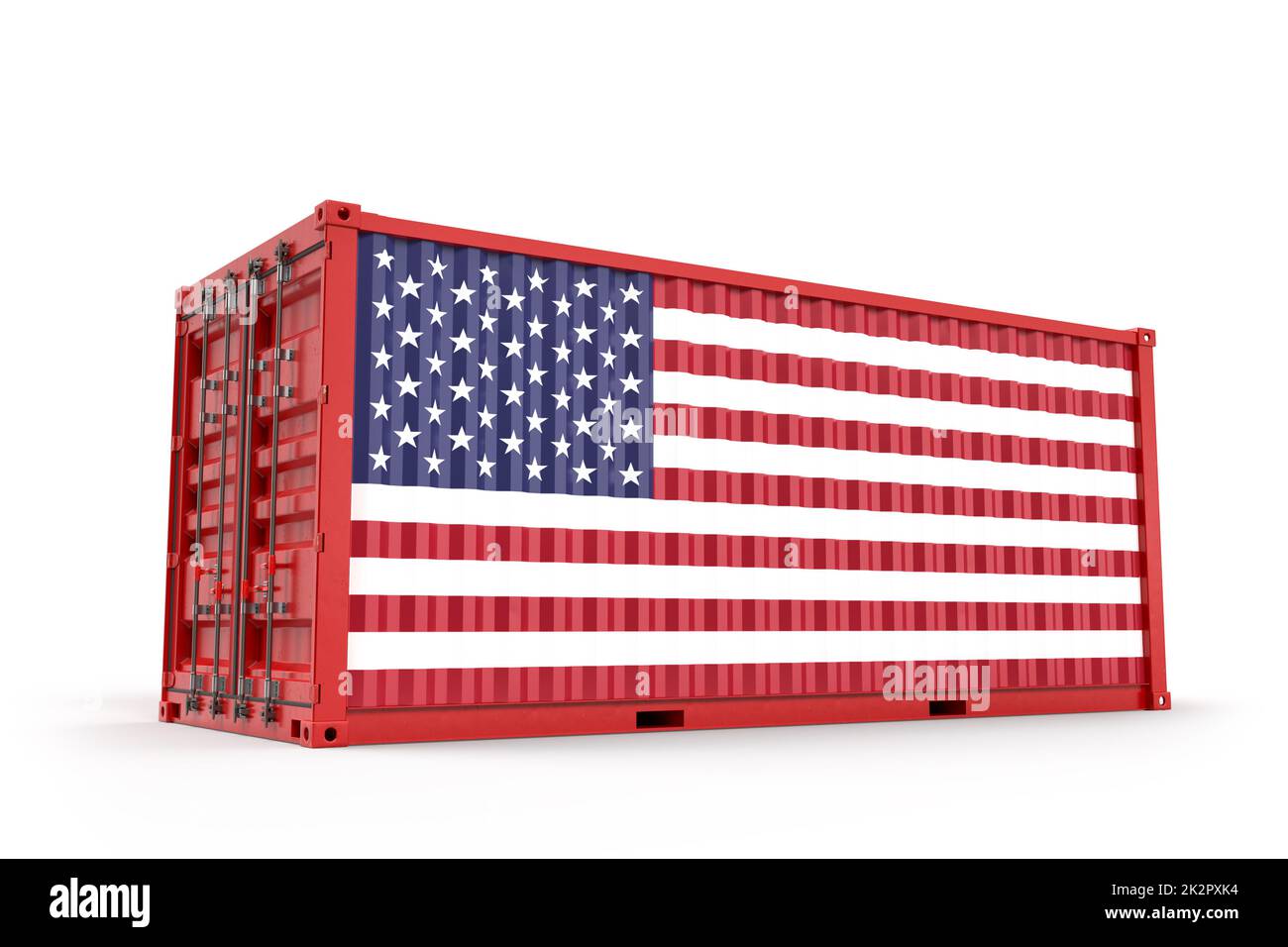 Realistischer Transportcontainer mit Flag of the United States strukturiert. Isoliert. 3D-Rendering Stockfoto