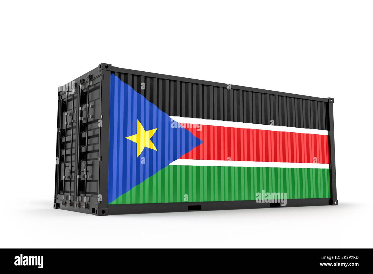 Realistischer Transportcontainer mit Flagge des Südsudan strukturiert. Isoliert. 3D-Rendering Stockfoto