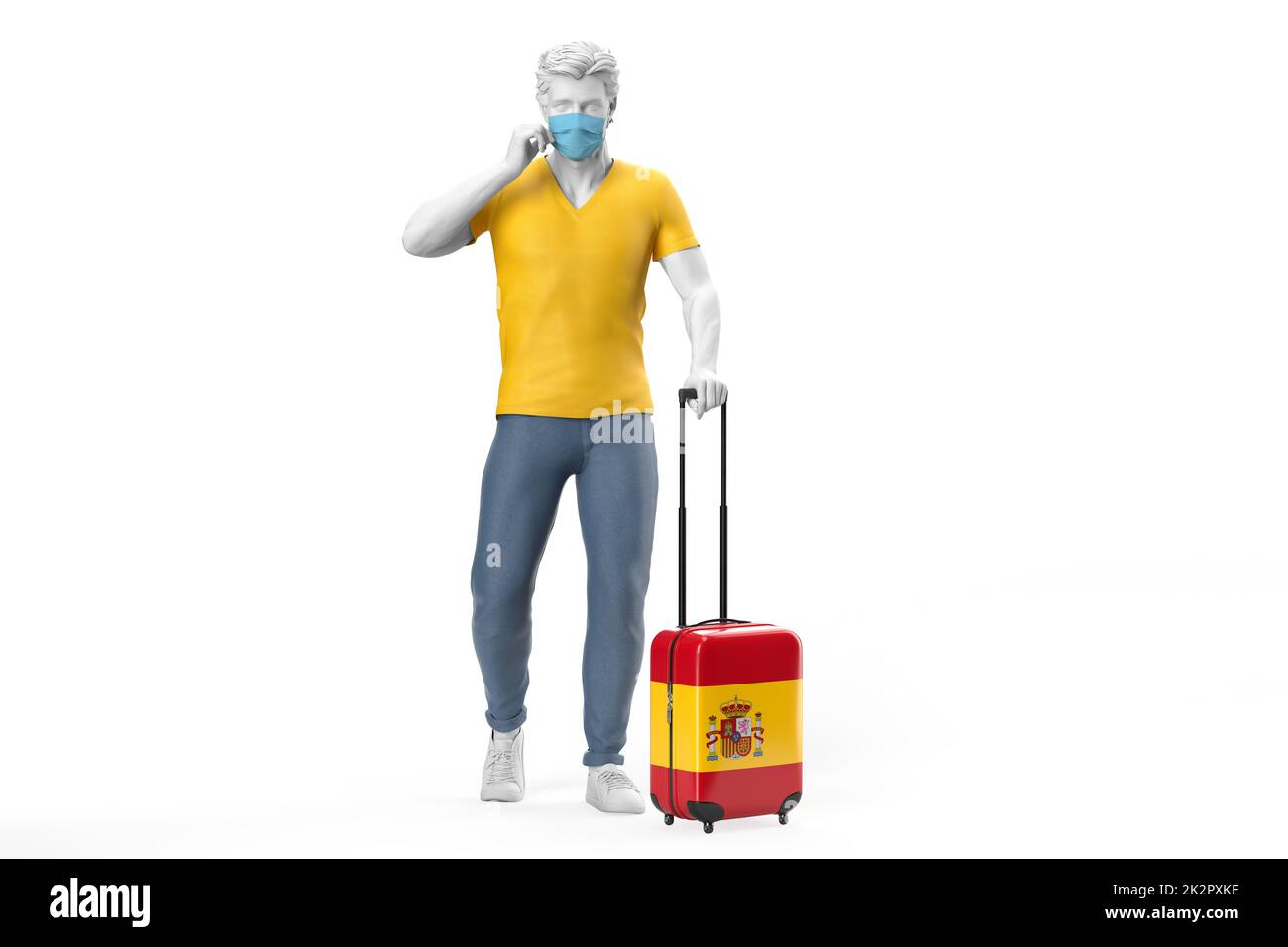 Mann trägt Gesichtsmaske zieht einen Koffer strukturiert mit Flagge von Spanien. 3D-Illustration Stockfoto