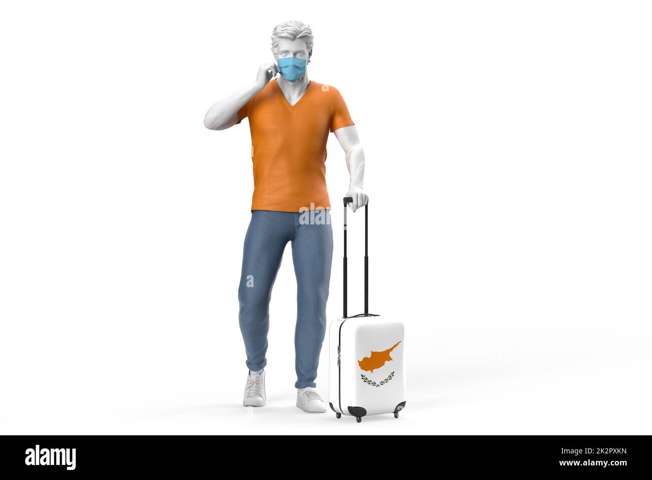 Mann trägt Gesichtsmaske zieht einen Koffer strukturiert mit Flagge von Zypern. 3D-Rendering Stockfoto