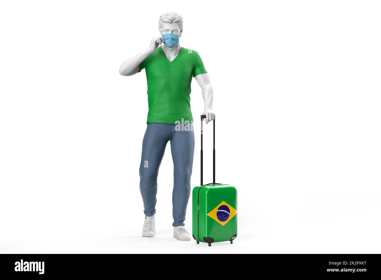 Mann trägt Gesichtsmaske zieht einen Koffer strukturiert mit Flagge von Brasilien. 3D-Illustration Stockfoto