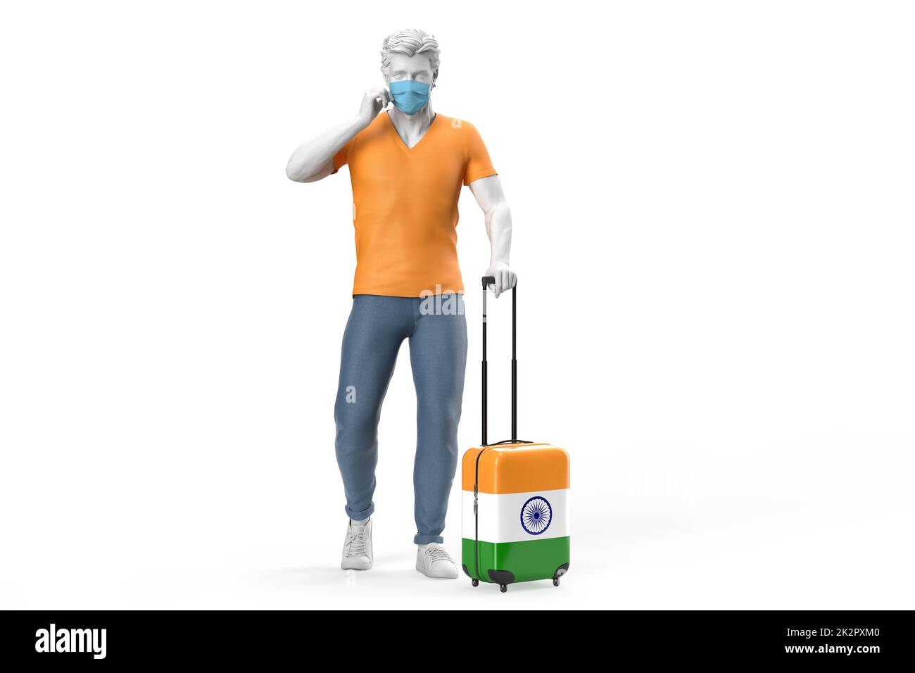 Mann trägt Gesichtsmaske zieht einen Koffer strukturiert mit Flagge von Indien. 3D-Rendering Stockfoto