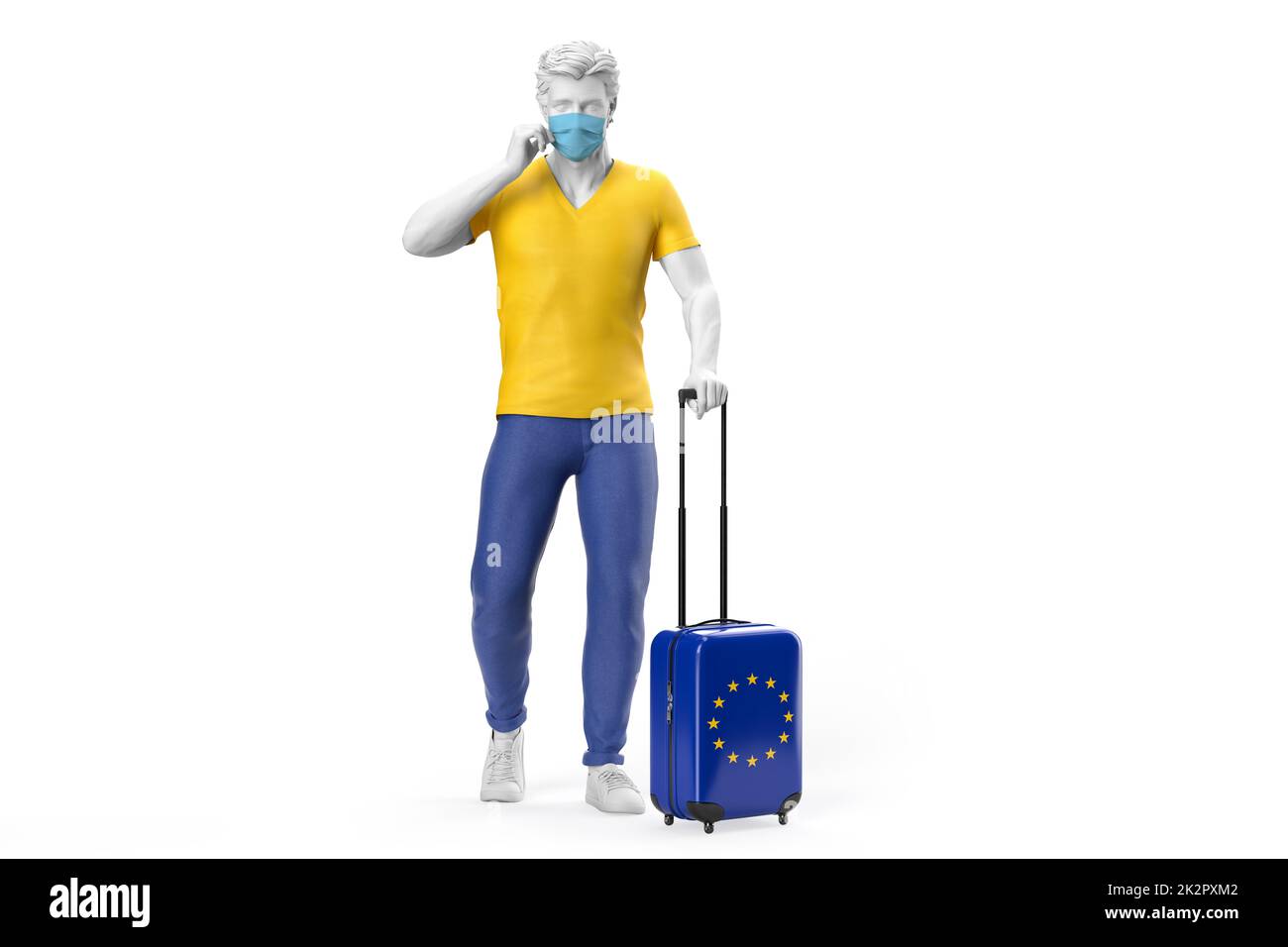 Mann trägt Gesichtsmaske zieht einen Koffer mit Flagge der Europäischen Union strukturiert. 3D-Illustration Stockfoto
