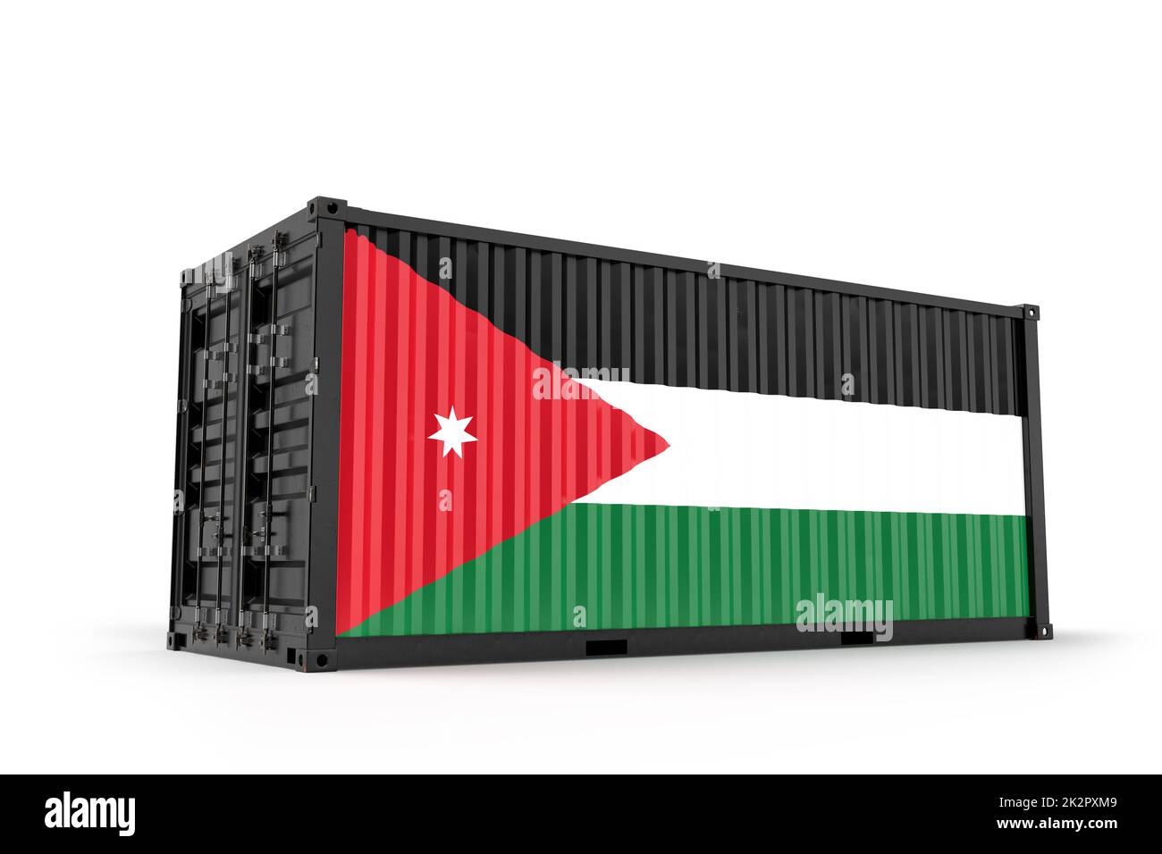 Realistischer Versandcontainer mit Flagge von Jordanien strukturiert. Isoliert. 3D-Rendering Stockfoto