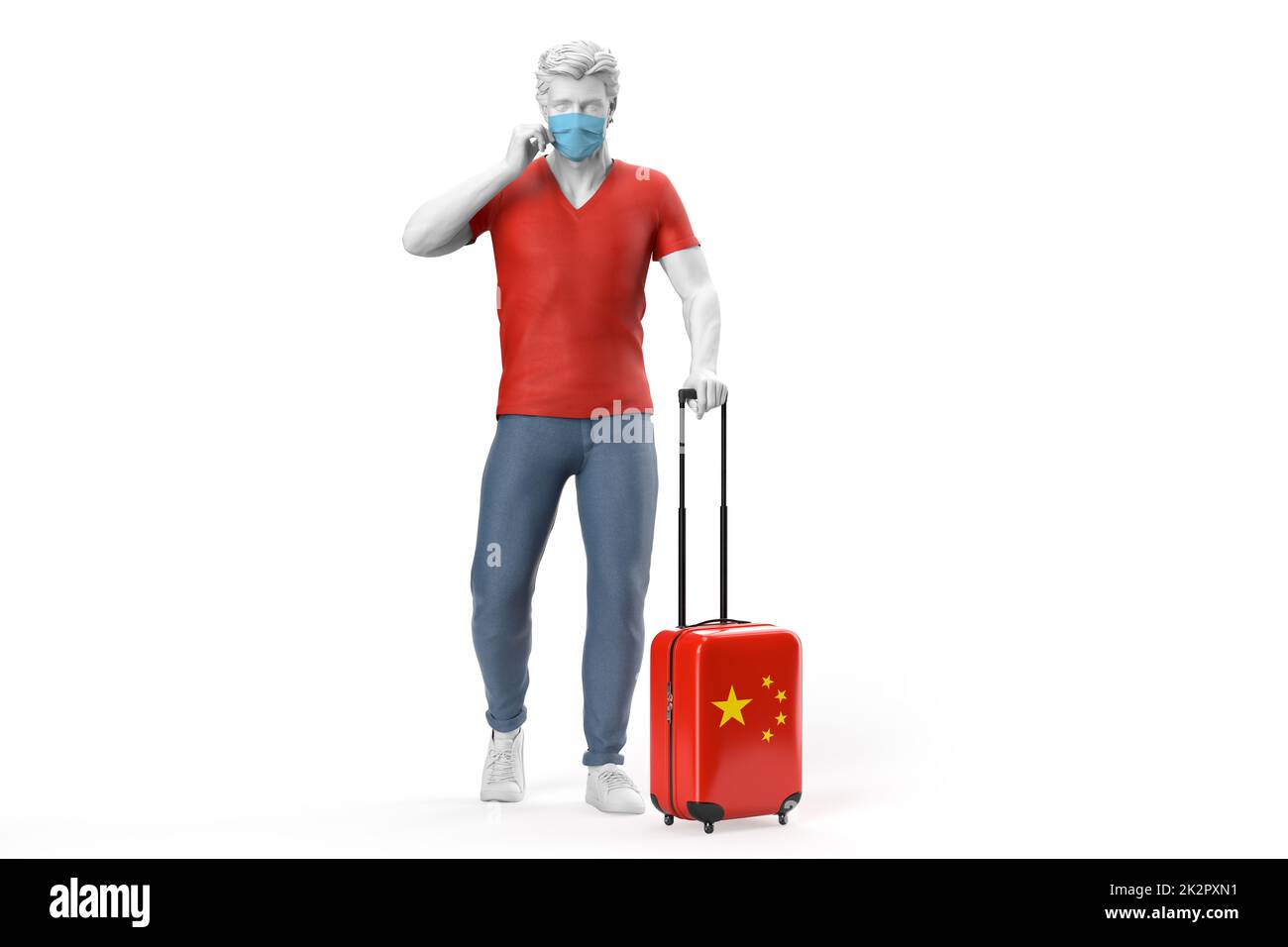 Mann trägt Gesichtsmaske zieht einen Koffer strukturiert mit Flagge von China. 3D-Illustration Stockfoto