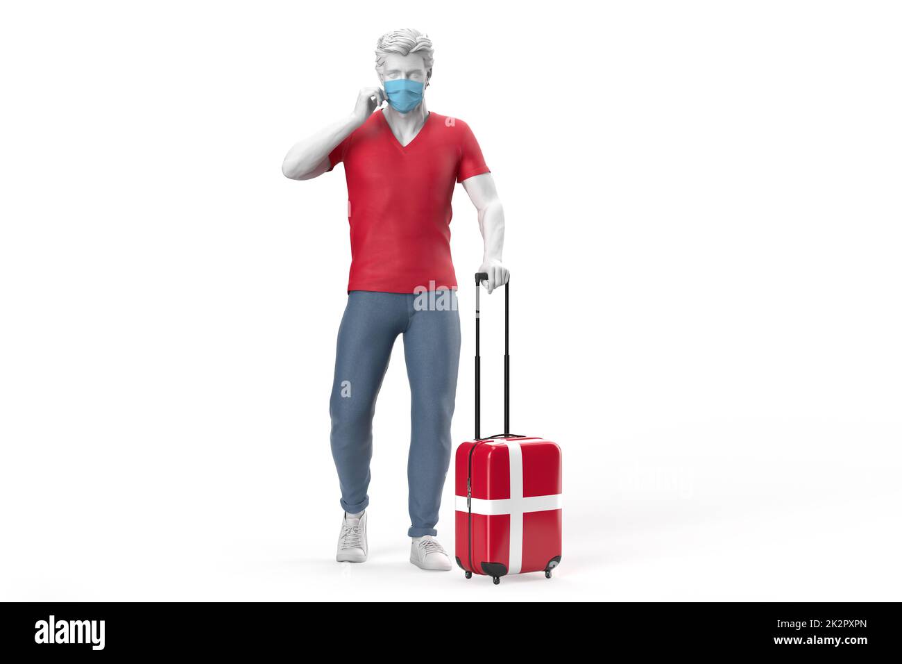 Mann trägt Gesichtsmaske zieht einen Koffer strukturiert mit Flagge von Dänemark. 3D Abbildung Stockfoto