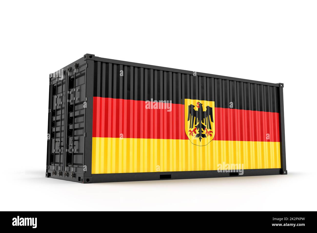 Frachtcontainer strukturiert mit Flagge von Deutschland mit Wappen. Isoliert. 3D Rendering Stockfoto
