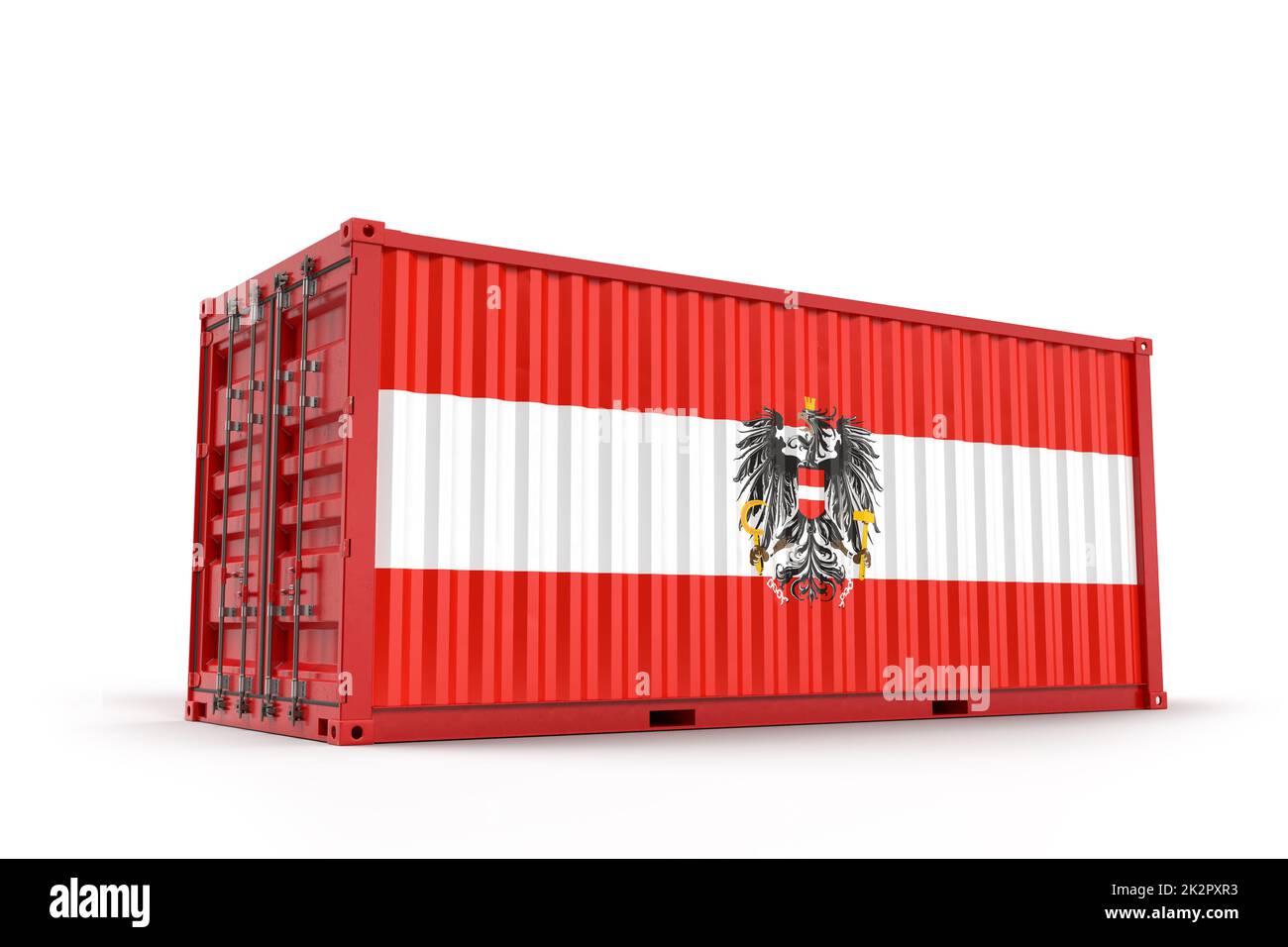 Frachtcontainer strukturiert mit Flagge von Österreich mit Wappen. Isoliert. 3D Rendering Stockfoto