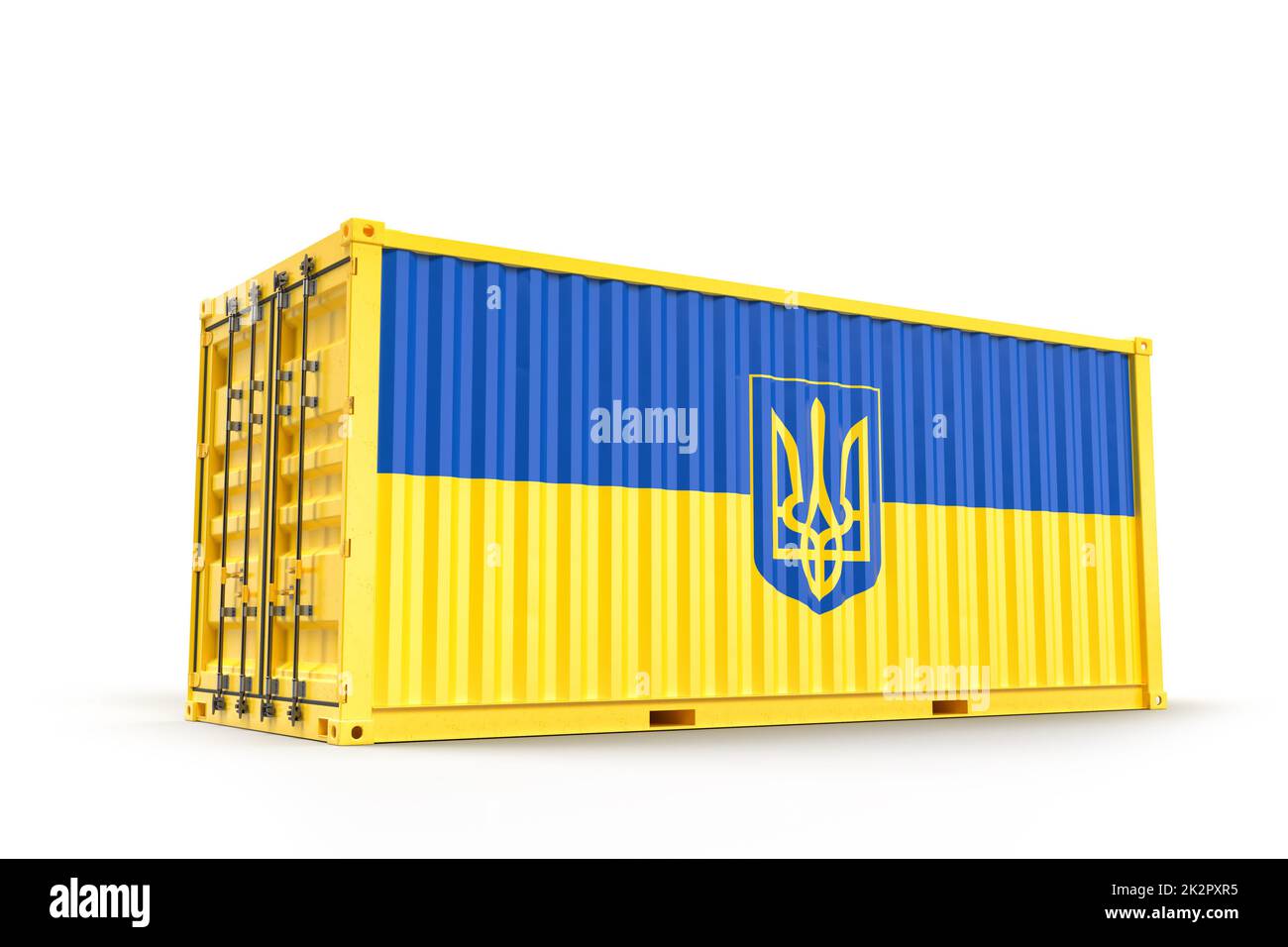 Frachtcontainer strukturiert mit Flagge der Ukraine mit Wappen. Isoliert. 3D Rendering Stockfoto