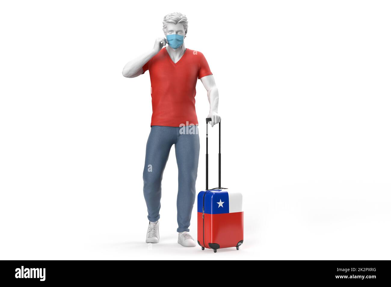 Mann trägt Gesichtsmaske zieht einen Koffer strukturiert mit Flagge von Chile. 3D Abbildung Stockfoto