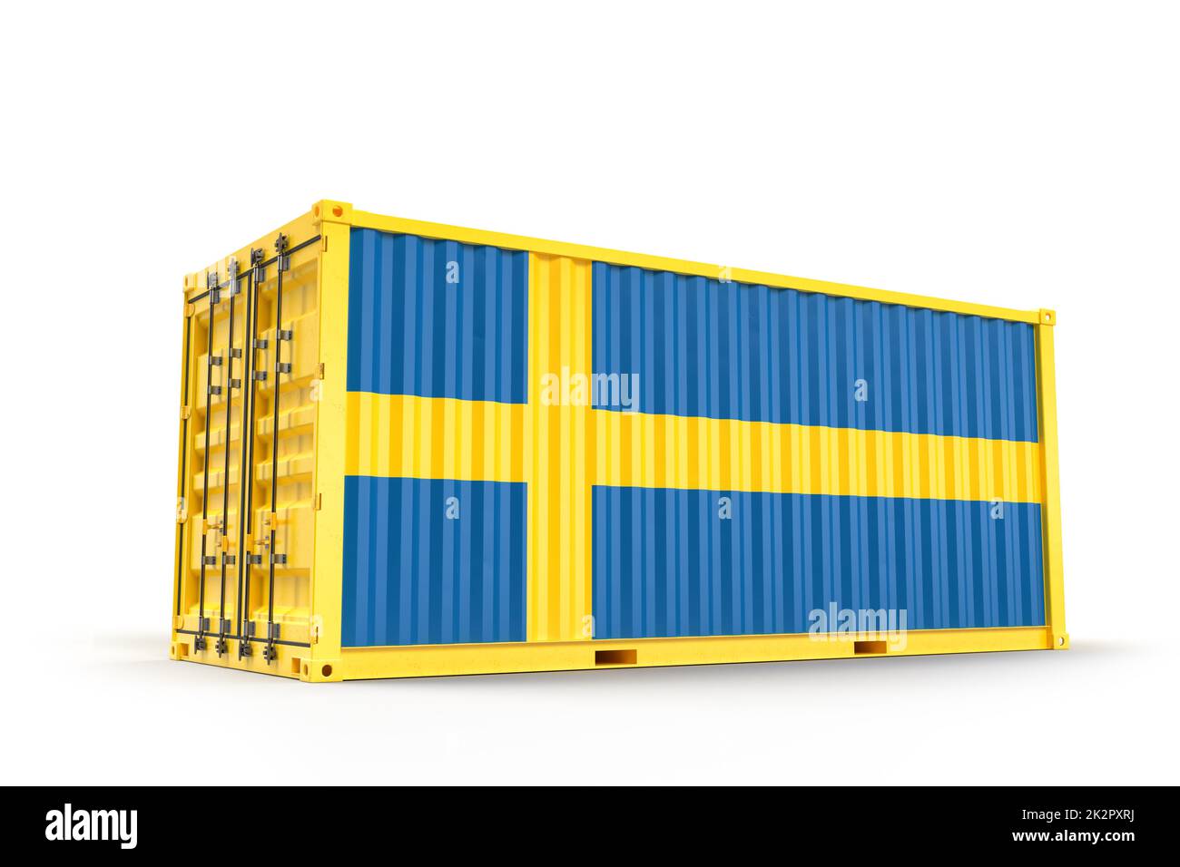 Frachtcontainer mit Flagge von Schweden strukturiert. Isoliert. 3D Rendering Stockfoto