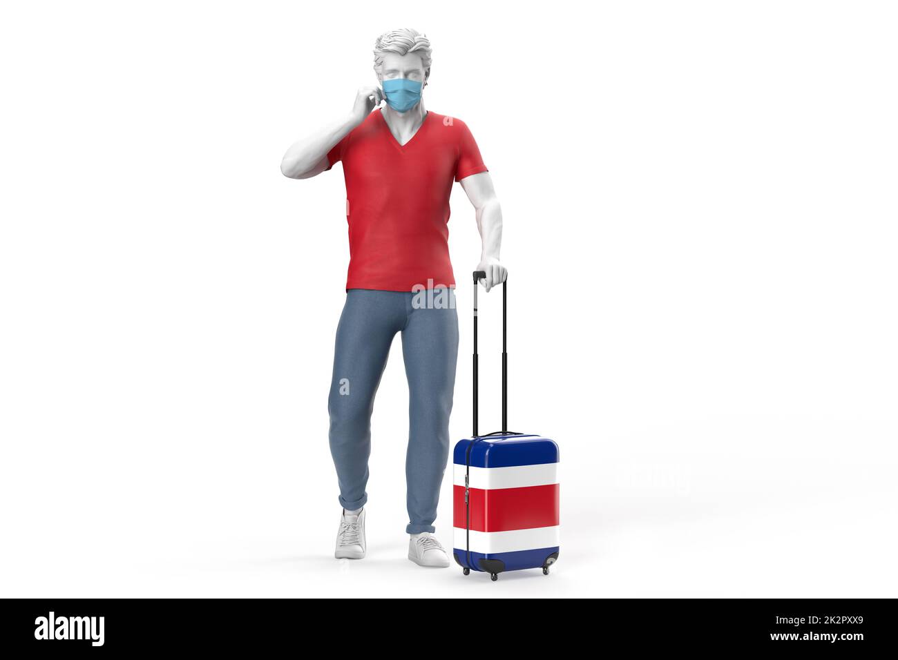 Mann trägt Gesichtsmaske zieht einen Koffer strukturiert mit Flagge von Thailand. 3D Abbildung Stockfoto