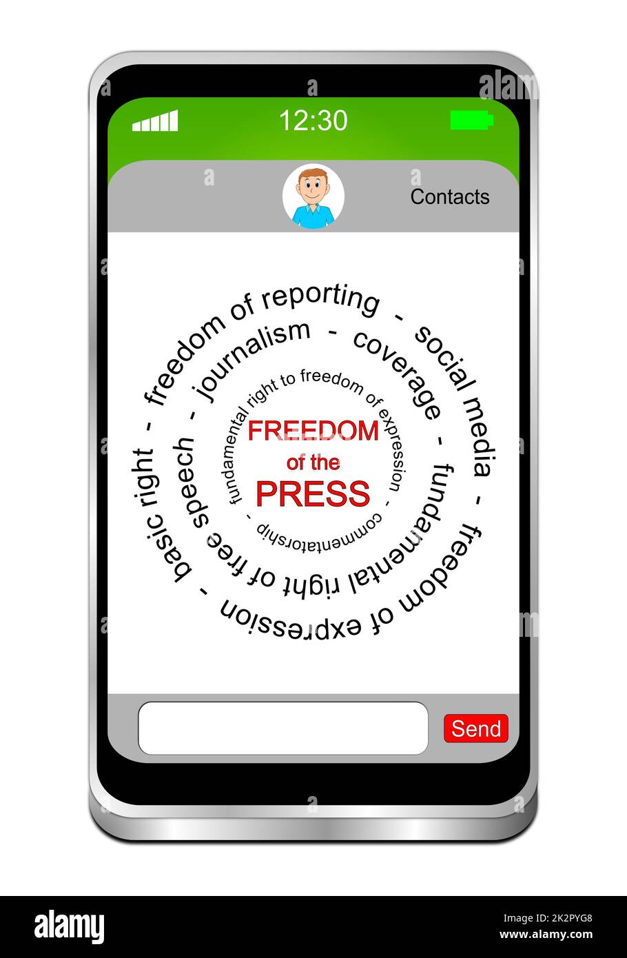 Smartphone mit Freedom of the Press WordCloud – 3D-Abbildung Stockfoto