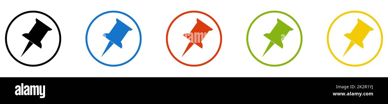 Kollektion mit runden Knöpfen – Anstecknadeln in schwarzen, blauen, roten, grünen und gelben Kreisen Stockfoto