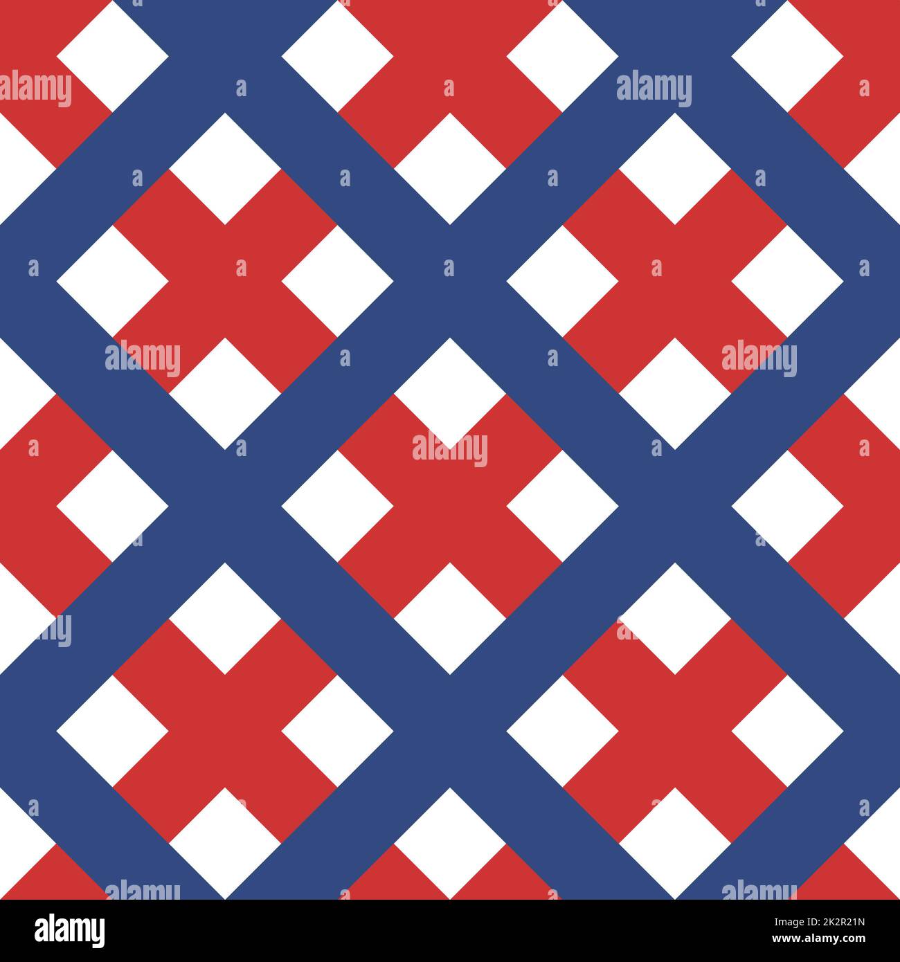 Nahtloses Muster. Klassische Zelle diagonal. Kontrastierende rote und blaue diagonale Linien auf weißem Hintergrund. Stockfoto