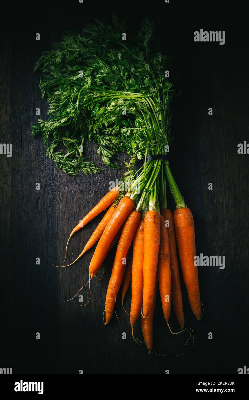 Bio-Karotten mit grünem Stiel auf dunklem Holzhintergrund Stockfoto