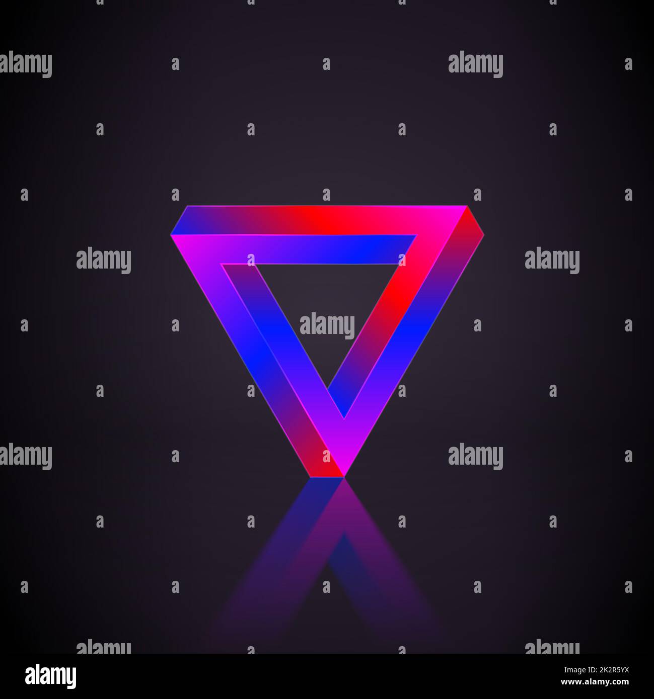 Buntes Penrose-Dreieck-Design mit Spiegelung auf dunklem Hintergrund Stockfoto
