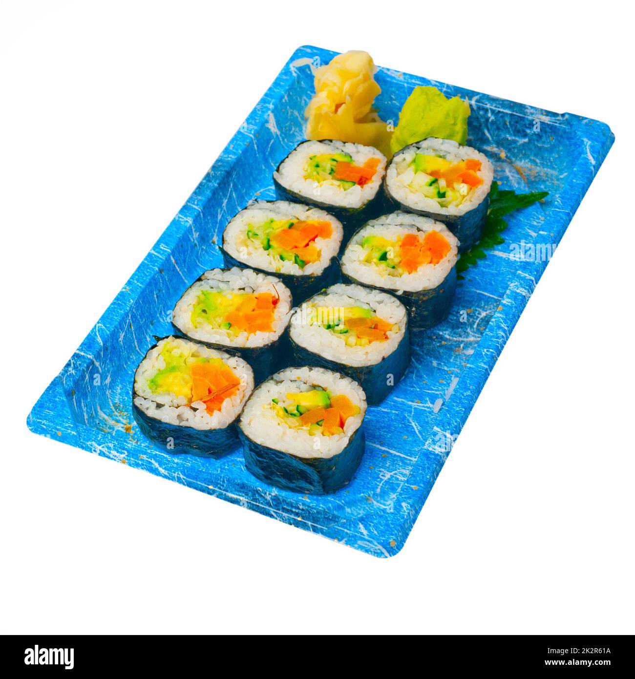 nehmen Sie Sushi express auf Kunststoff-Tablett Stockfoto