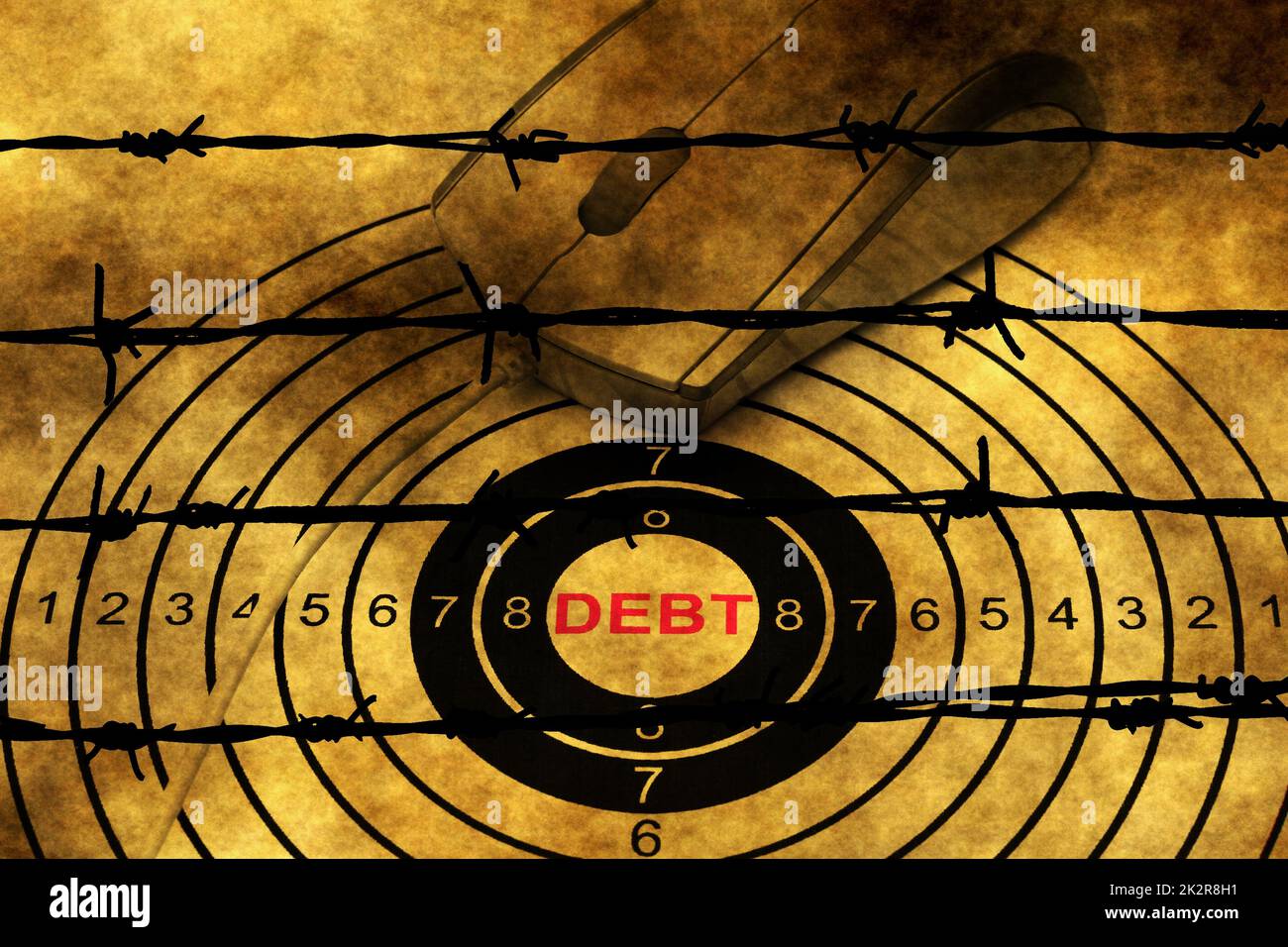 Schulden-soll-Konzept gegen barbwire Stockfoto