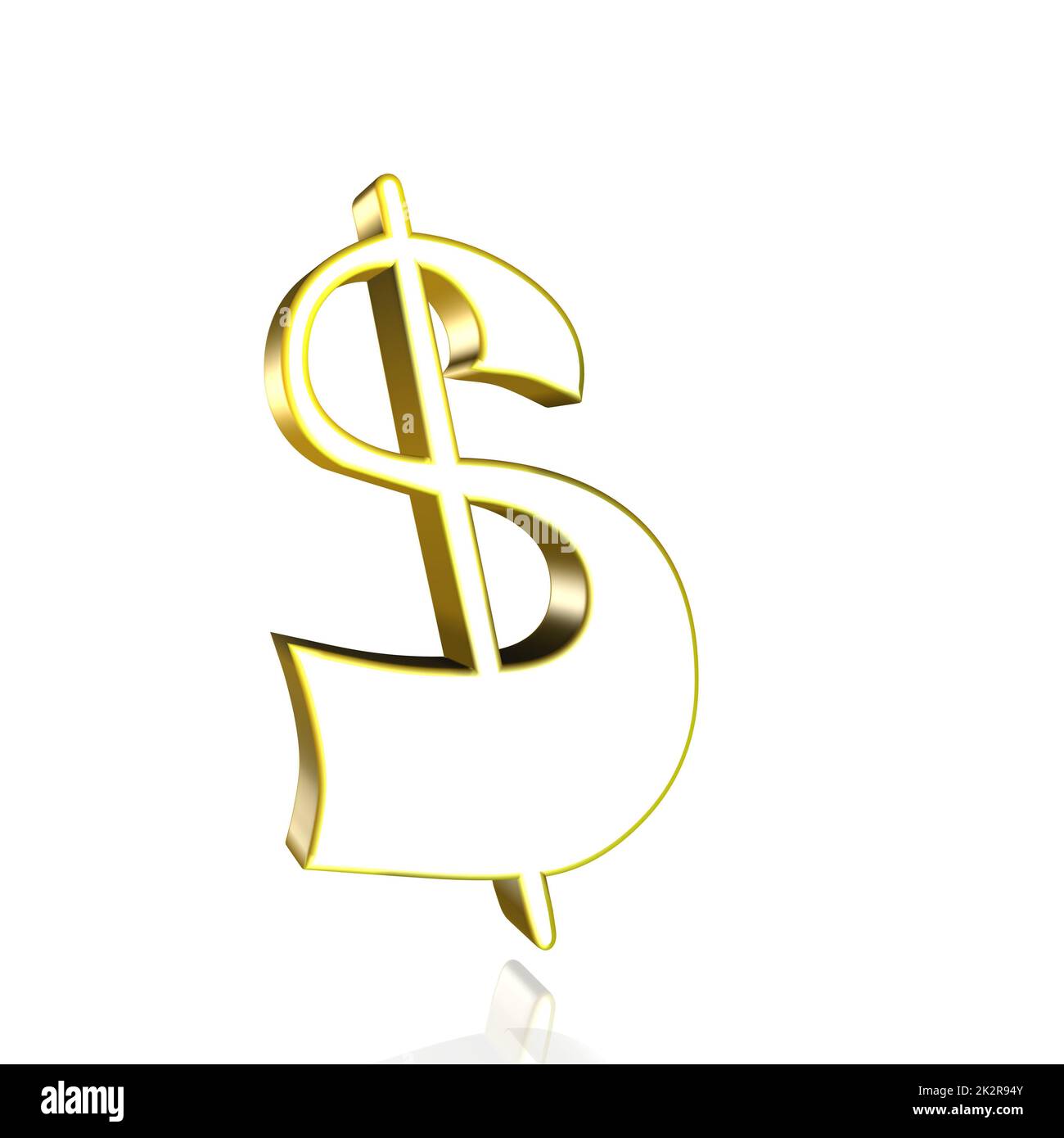 Dollarwährungssymbol in Gelb, Gold auf weißem Hintergrund als 3D-Darstellung, 3D-Darstellung Stockfoto