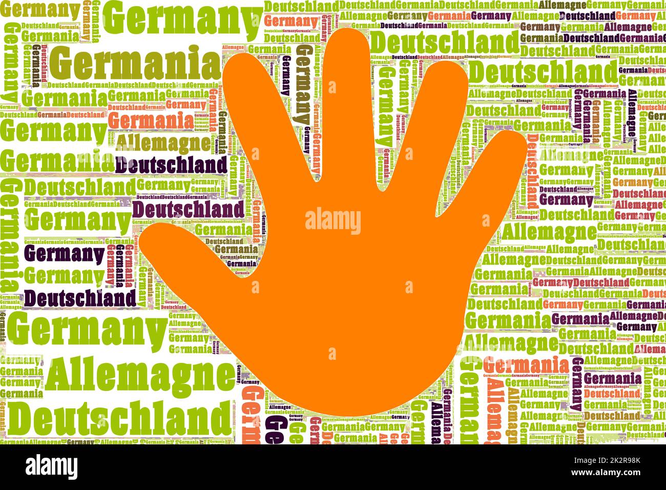 Die Wörter 'Deutschland, Deutschland, Allemagne, Germania' als Word Art, Word Cloud, Tag Cloud in verschiedenen Sprachen mit Copy Space. Stockfoto