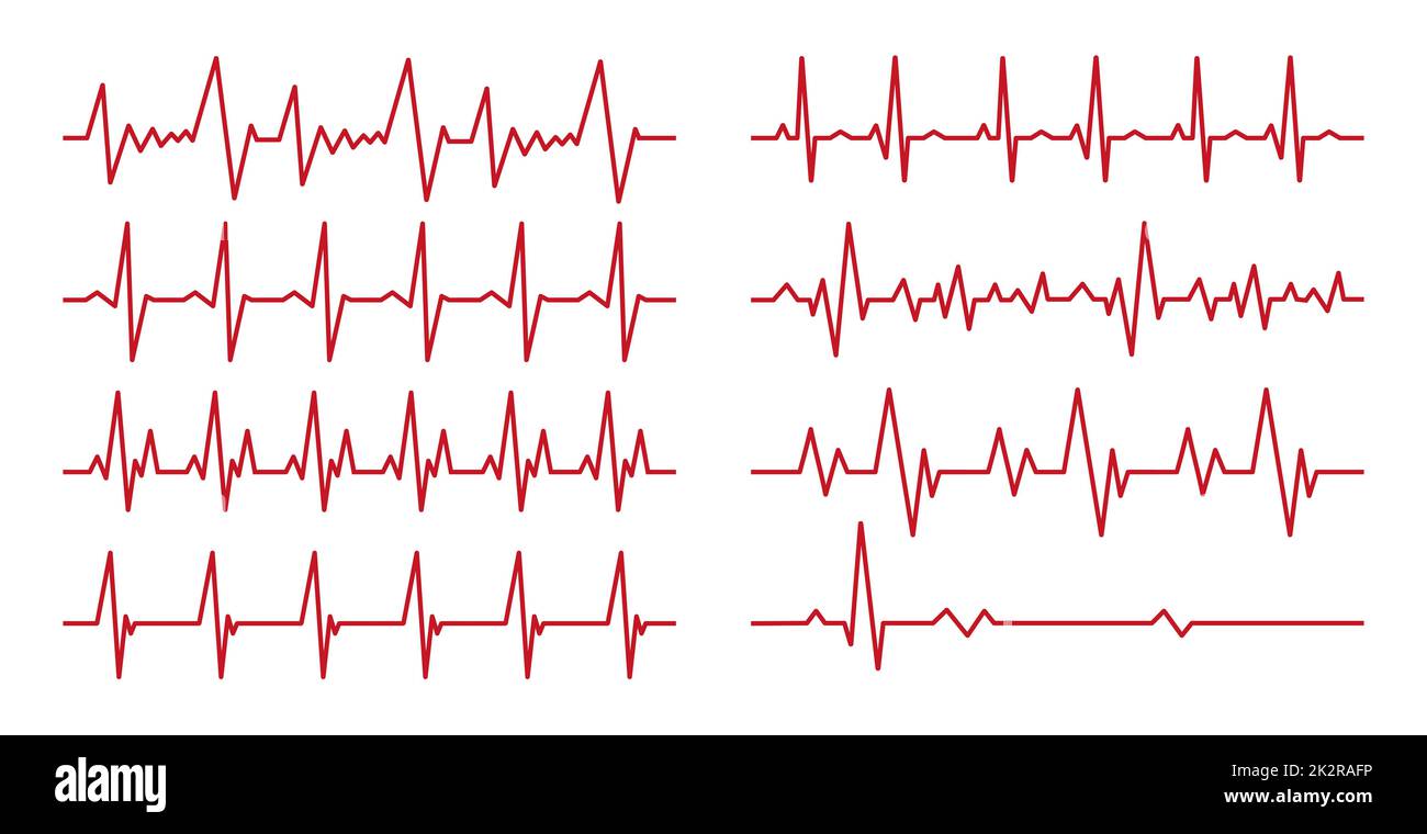 Set mit 8 Stk. Herzpuls - gebogene rote Linie auf weißem Hintergrund - Vektor Stockfoto