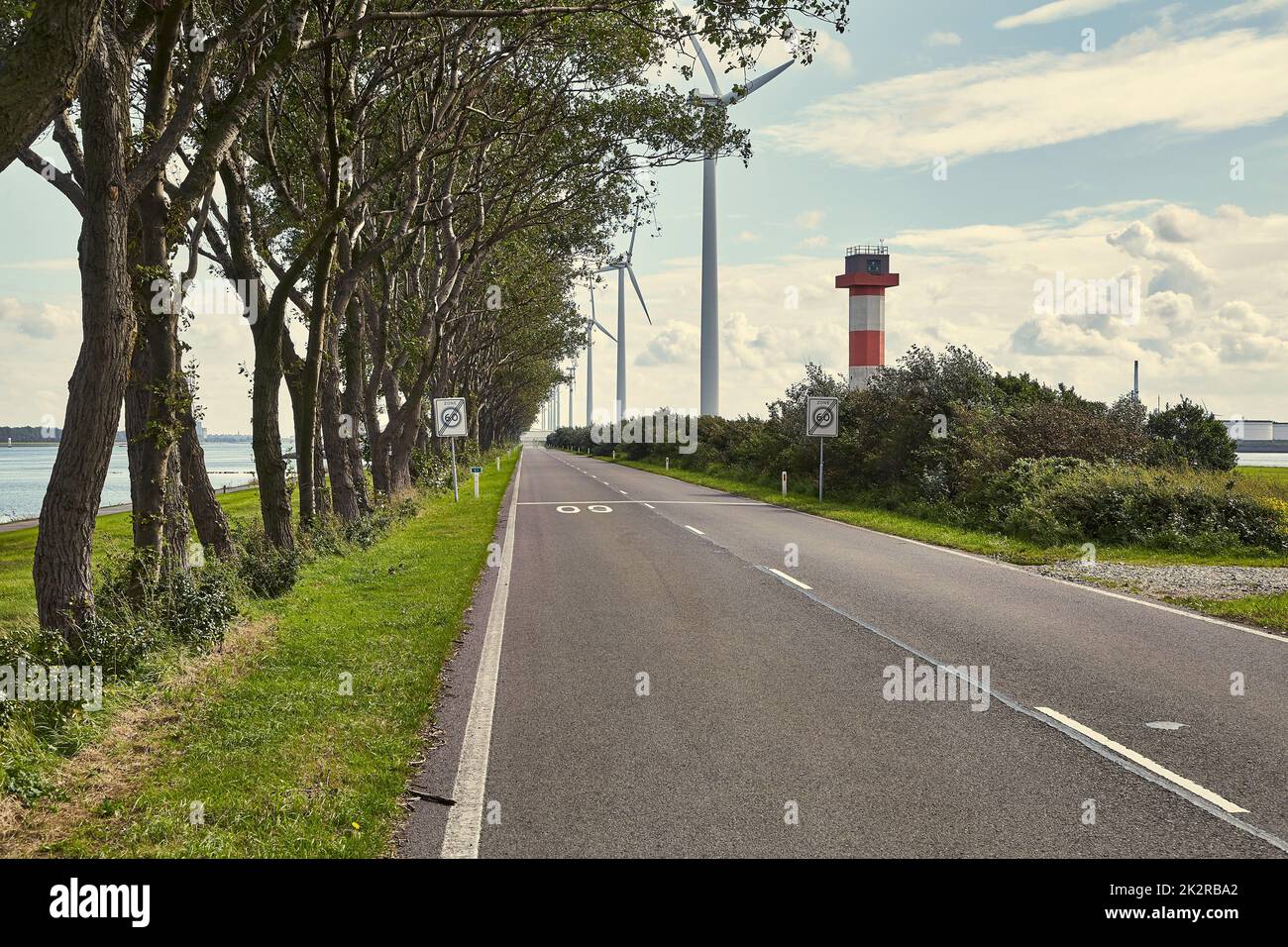 Straße auf einem schmalen Land am Wasser im Hafen von Rotterdam Stockfoto
