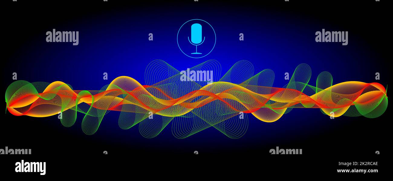 Spracherkennung mit Mikrofon und grüne gelbe rote Schallwellen â€“ Abbildung Stockfoto