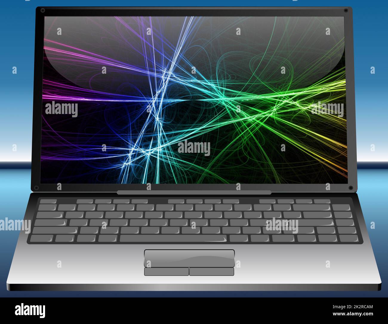 Notebook mit abstraktem Desktop-PC auf blauem Hintergrund – 3D-Abbildung Stockfoto