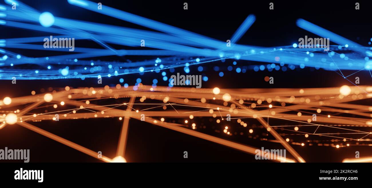 Blaues und orangefarbenes Beleuchtungsraster, Kommunikationstechnologie für Internetunternehmen. Globales Netzwerk und Telekommunikation Stockfoto