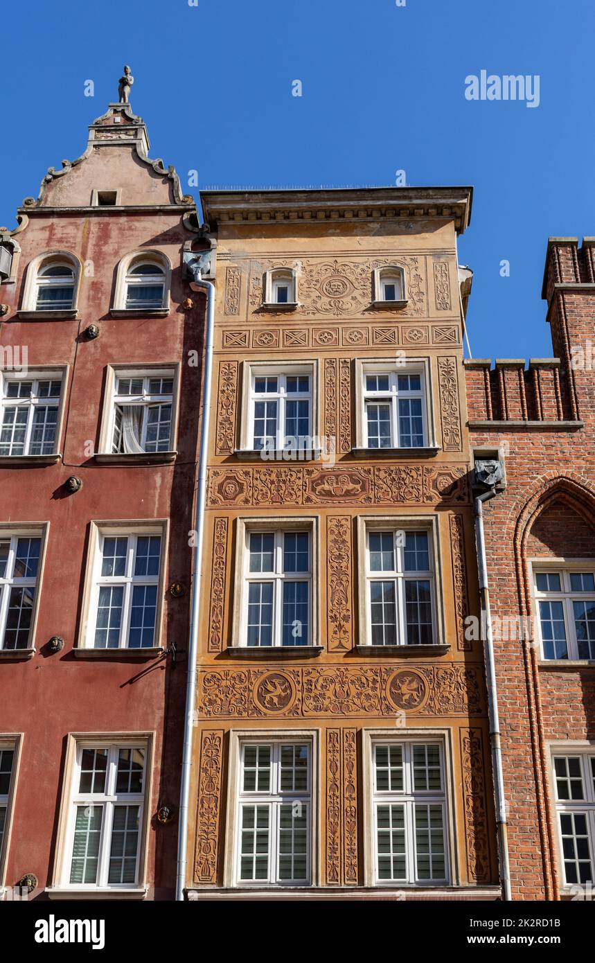 Die Fassaden der restaurierten Patrizierhäuser GdaÅ„sk in Long Lane Stockfoto