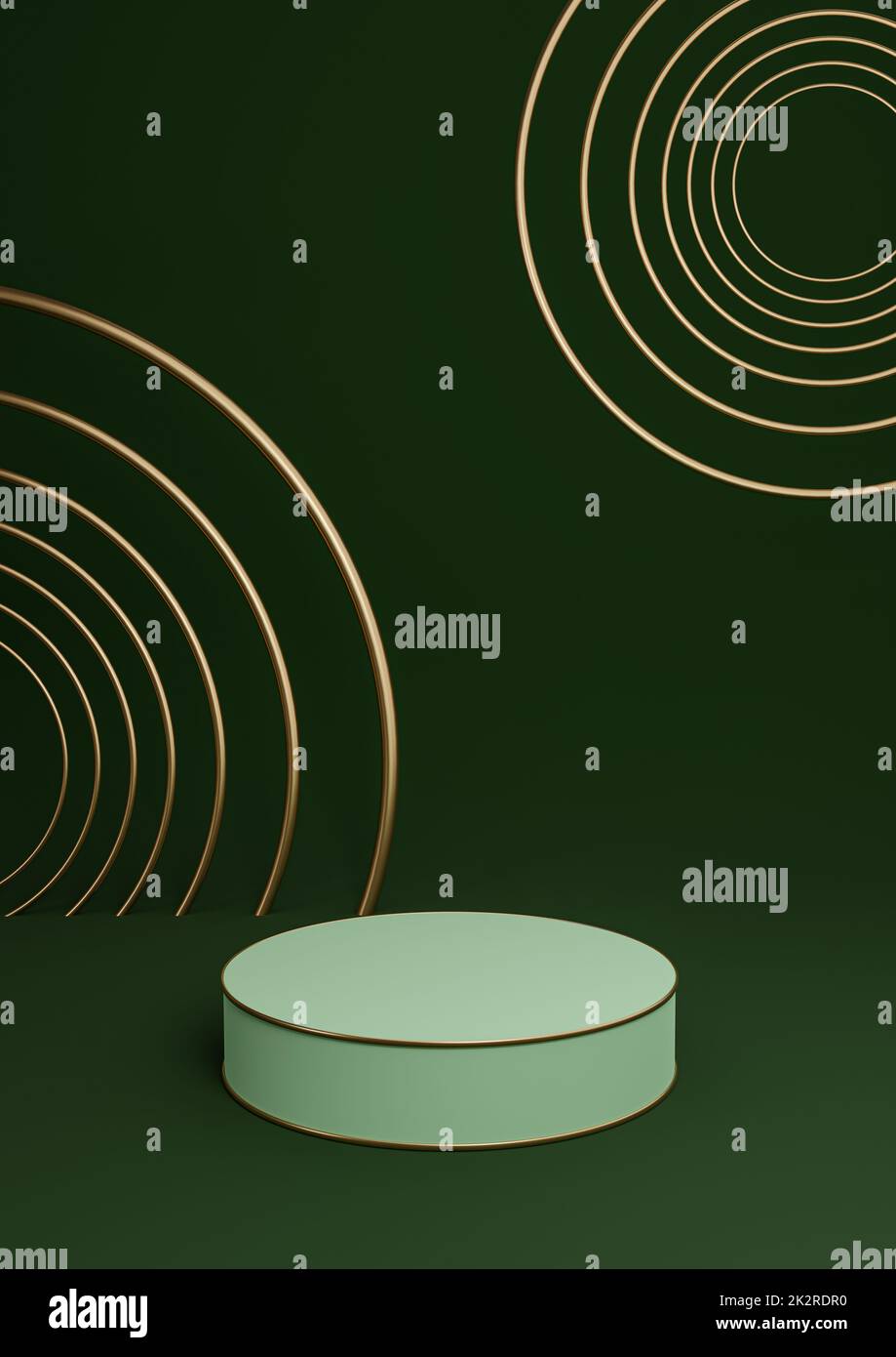 Dunkel, warm grün 3D Rendering minimal Produkt Display Luxus Zylinder Podium oder Produkt Hintergrund abstrakte Komposition mit goldenen Linien und Kreisen Stockfoto