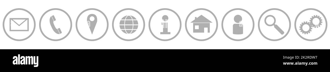 Banner Für Geschäftssymbole: Kontakt, Hotline, Addresse Web, Informationen, Standort, Konto, Suche und Einstellungen Stockfoto