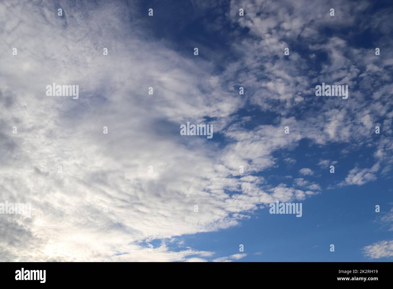 Wunderschöne flauschige weiße Wolkenformationen in einem tiefblauen Sommerhimmel. Stockfoto