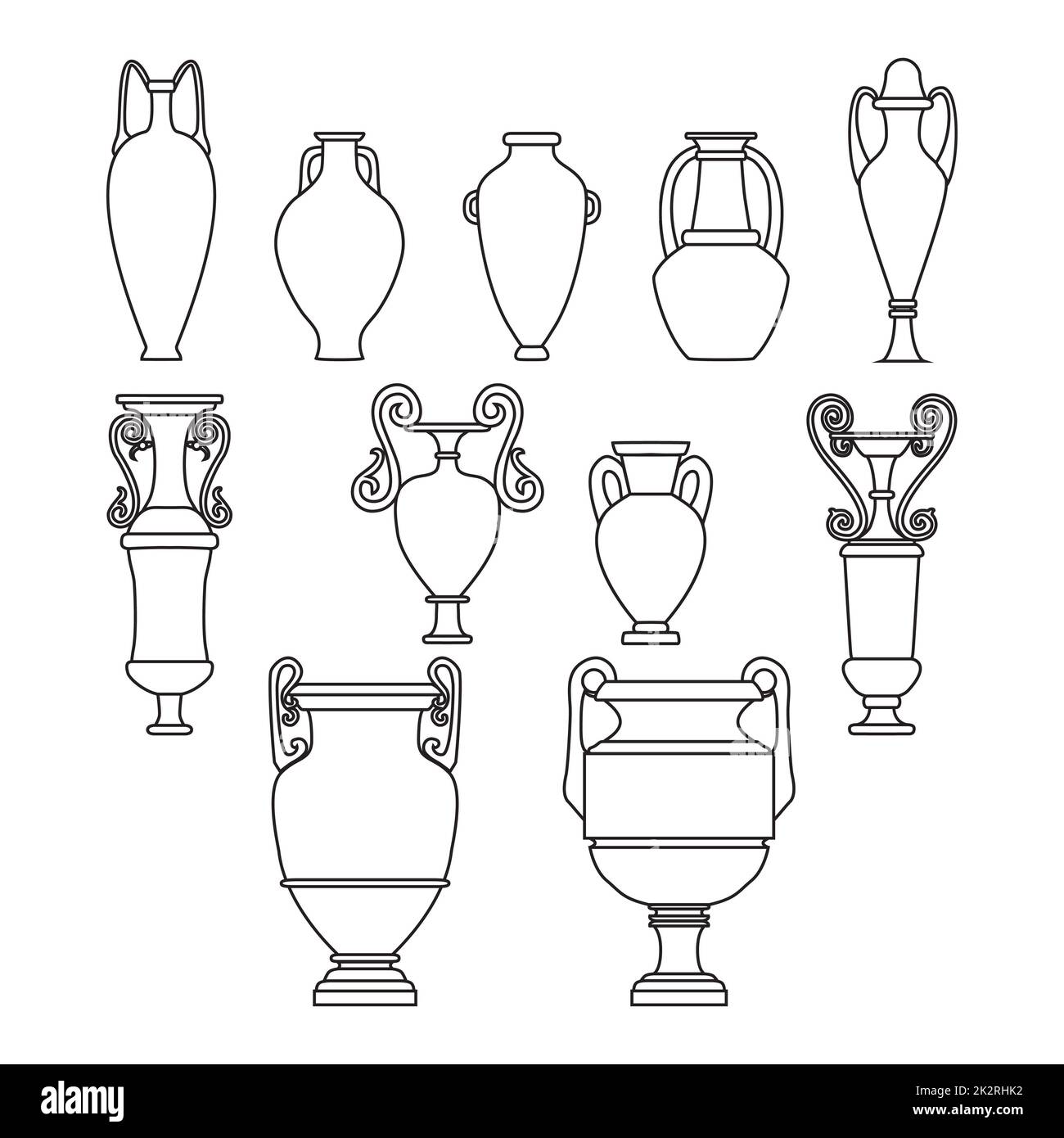 Konturskizze von Keramikvasen. Großes altes griechisches, römisches Glas mit zwei Griffen und engem Hals. Linienkunst-Amphora aus altem Keramik, Töpferwaren, abgeschirmte Becher auf weißem Hintergrund, Vektordarstellung Stockfoto