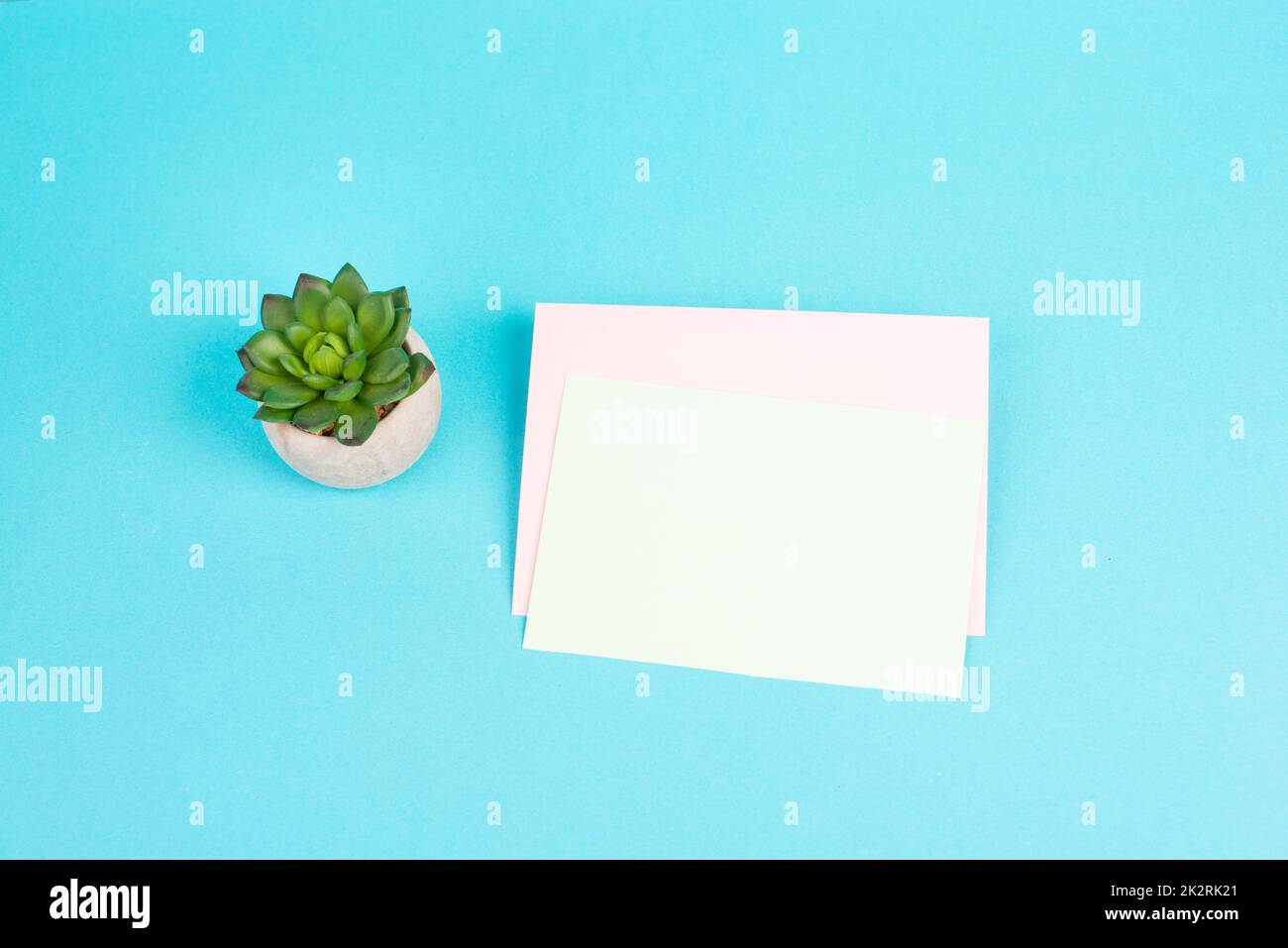 Leeres Papier mit einem Stift und einem kaktusstrukturierten Hintergrund, Brainstorming für neue Ideen, Schreiben einer Nachricht, eine Pause machen, Home Office Schreibtisch Stockfoto
