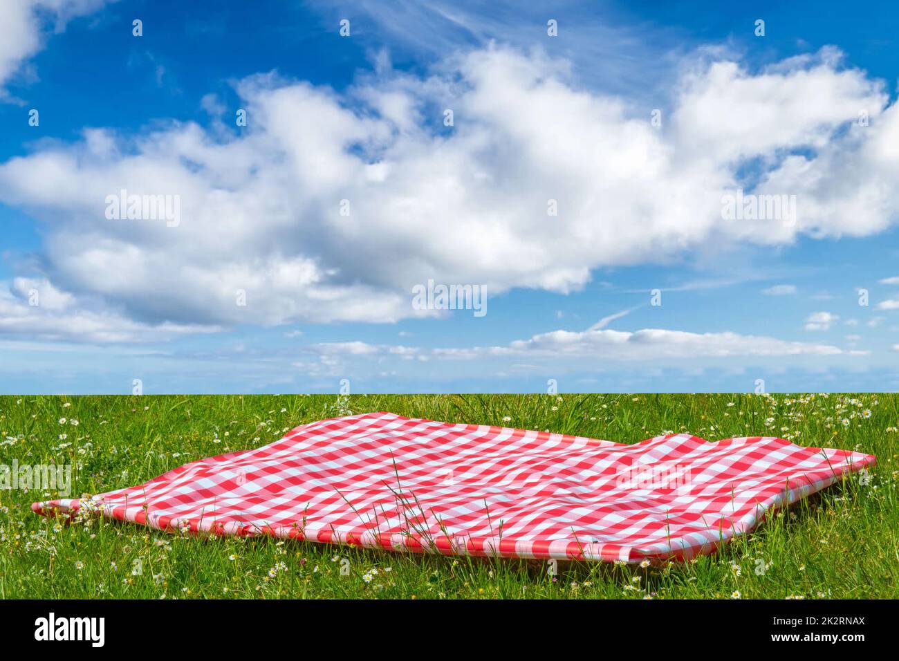 Rotes Picknicktuch. Rote karierte Picknickdecke auf einer Wiese mit blühenden Gänseblümchen und bewölktem Himmel. Schöner Hintergrund für die Produktplatzierung oder -Montage. Stockfoto