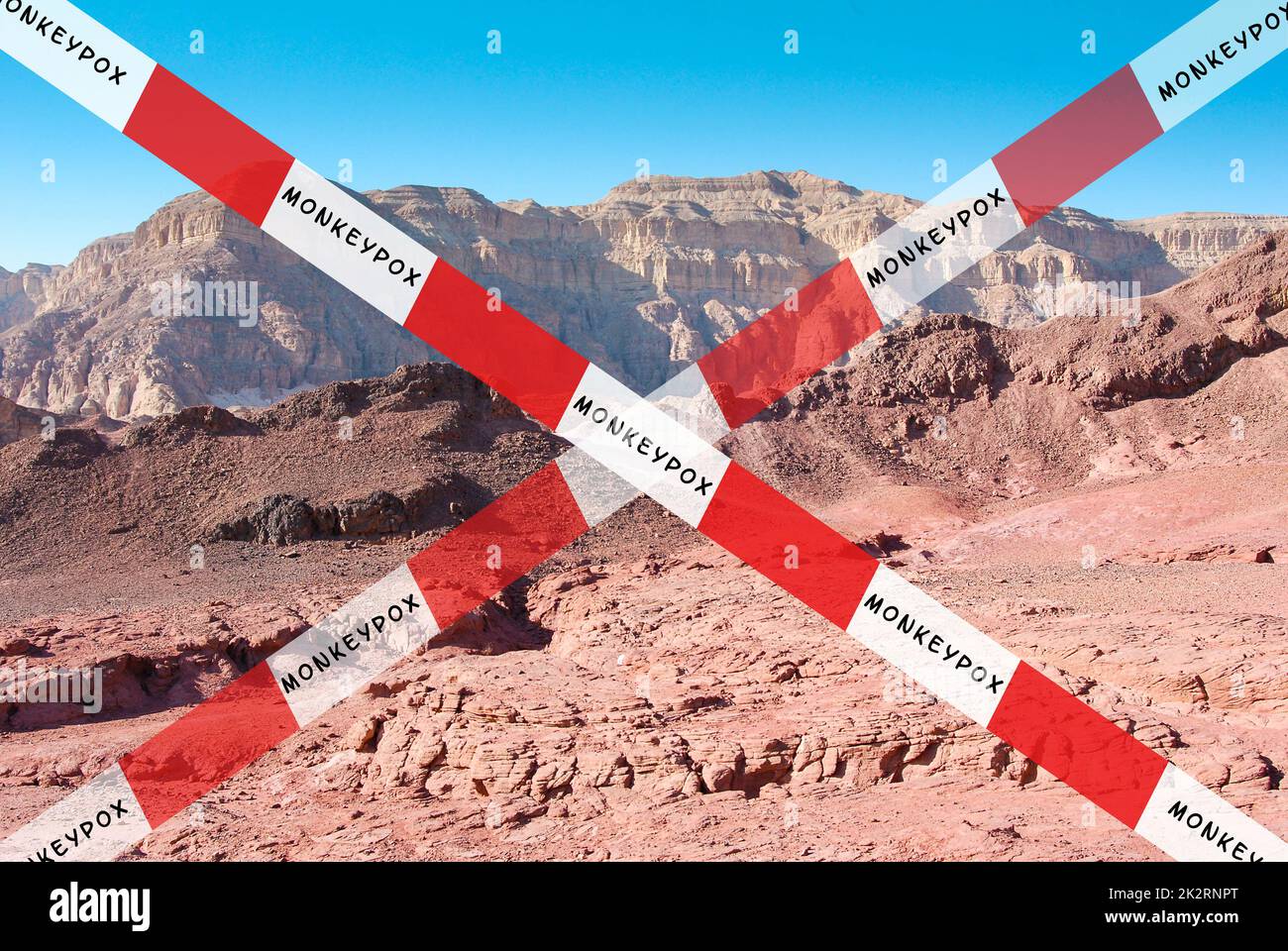 Geschlossenes Reiseland aufgrund von Affenpockenausbruch, MPXV-Virus, Ausbreitung von Infektionskrankheiten, Pandemie Stockfoto