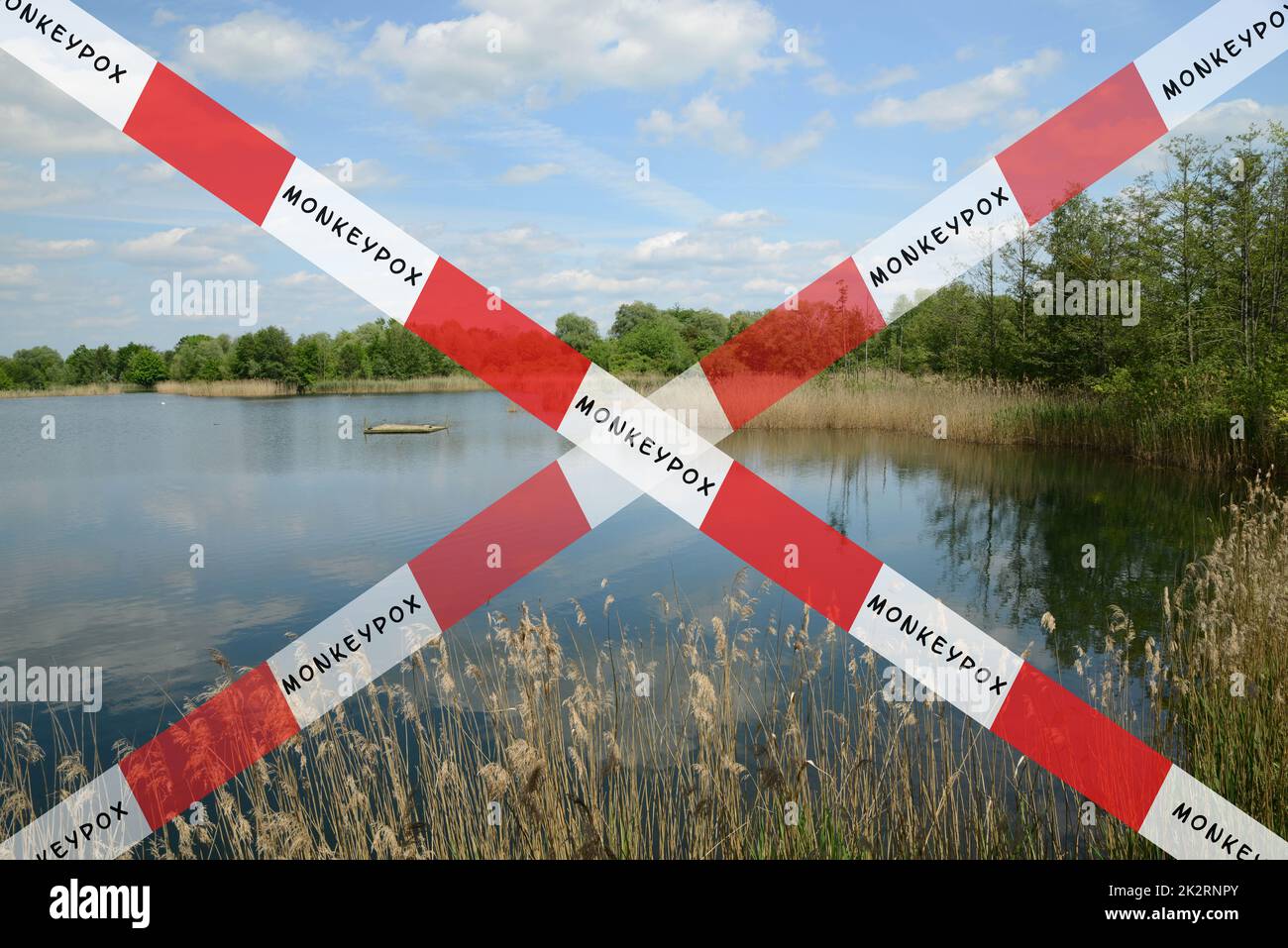 Geschlossenes Reiseland aufgrund von Affenpockenausbruch, MPXV-Virus, Ausbreitung von Infektionskrankheiten, Pandemie Stockfoto