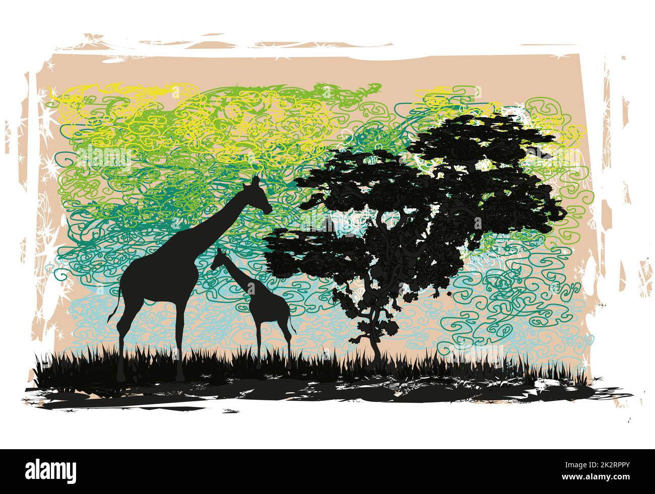 Grunge Hintergrund mit afrikanischen Fauna und Flora Stockfoto