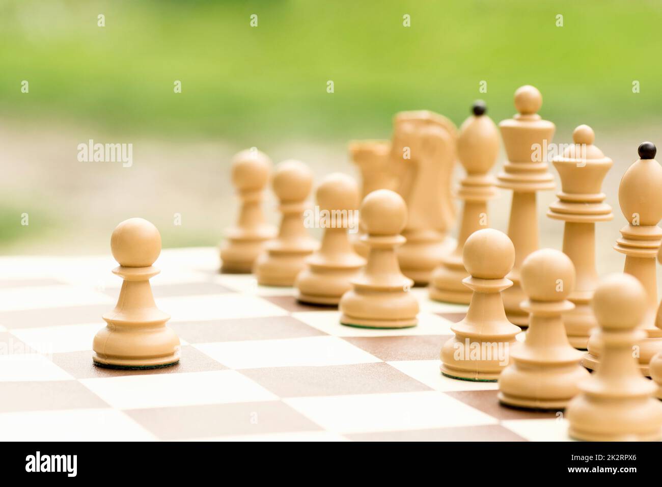Weißes Schachspiel beginnt Stockfoto