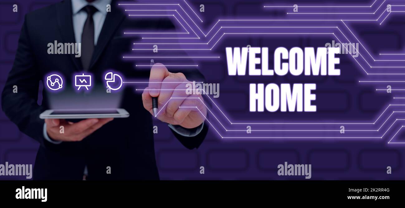 Inspiration zeigt Schild Welcome Home. Geschäftsansatz Ausdruck Grüße Neue Eigentümer Doormat Eintrag Stockfoto