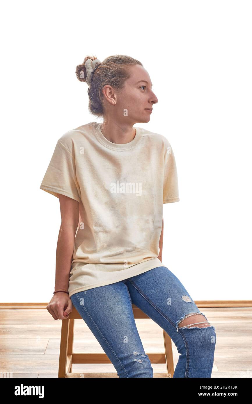 Mädchen in T-Shirt weißen Hintergrund isoliert Stockfoto