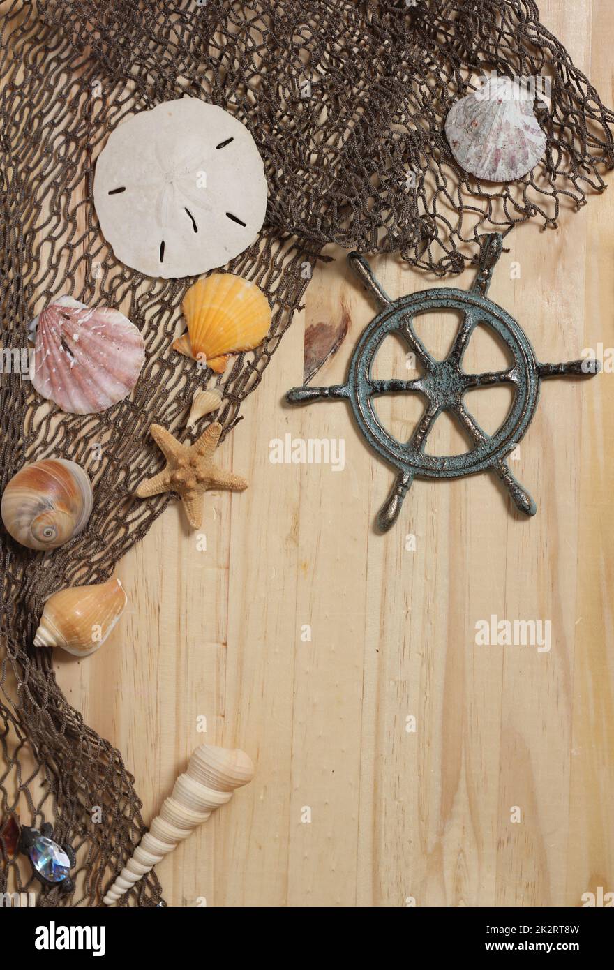 Captains Wheel mit Fischernetz und Meeresmuscheln auf Holzhintergrund Stockfoto