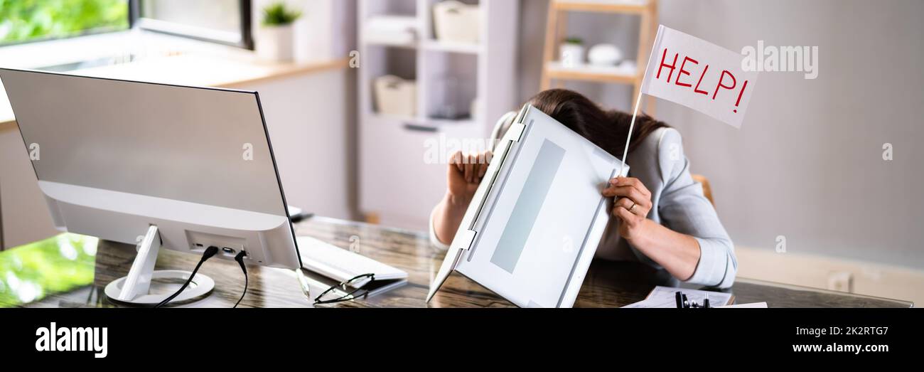 Eine Geschäftsfrau, Die Ihren Kopf Mit Einem Laptop Bedeckt Und Um Hilfe Bittet Stockfoto