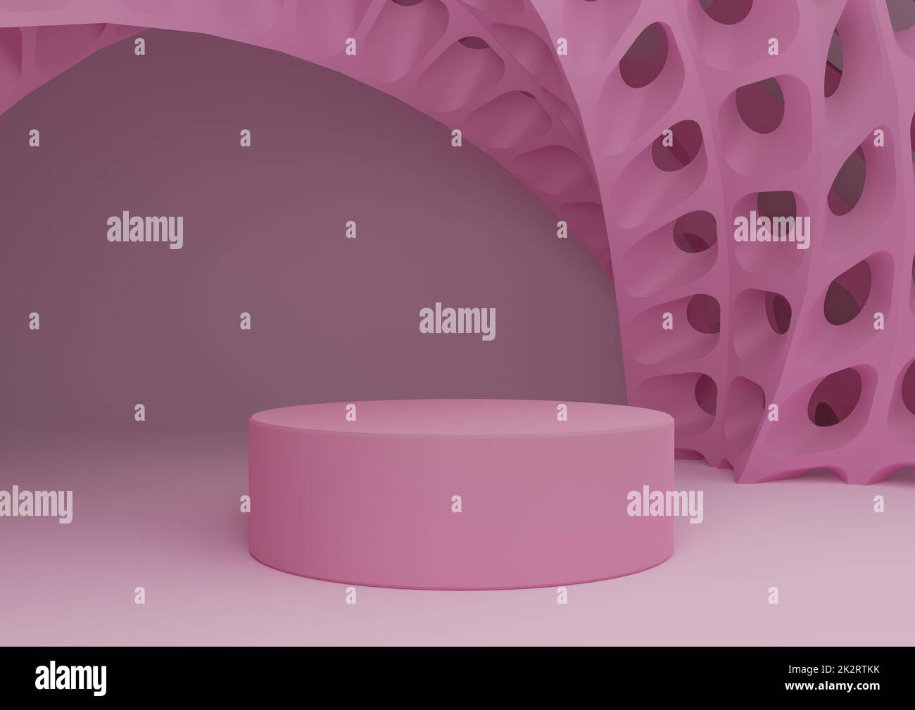 Helle, pastellfarbene, lavendelrosa 3D-Rendering-Produktpräsentation mit Zylinderständer oder Podium und futuristische abstrakte geometrische Formen moderner Hintergrund mit minimaler Komposition Stockfoto