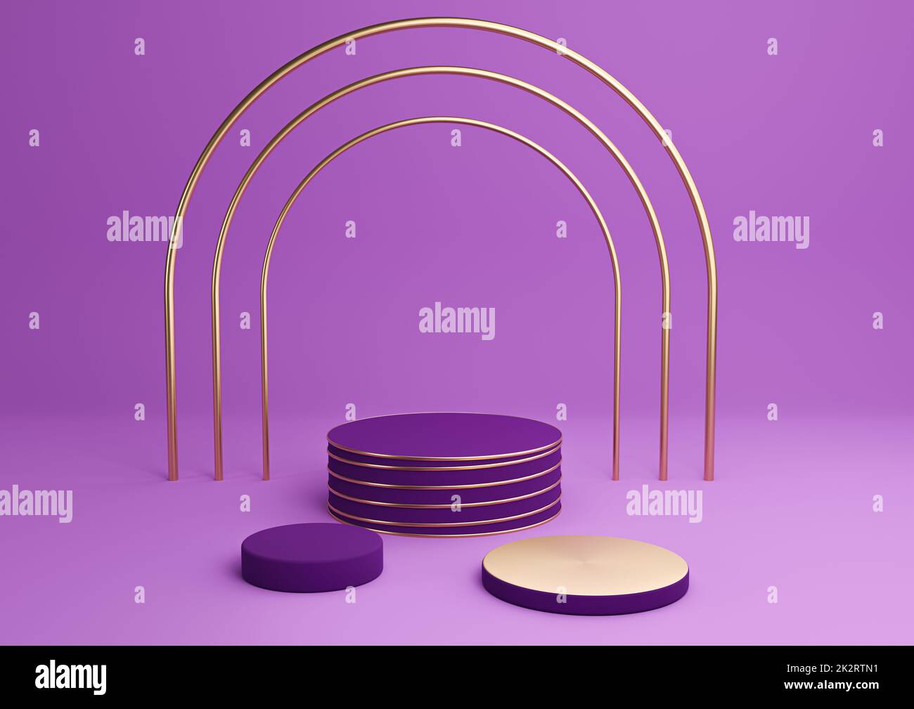 Leuchtendes Lila, violett 3D-Rendering Einfache Produktdarstellung Zylinderpodien mit luxuriösem Goldbogen und Linien drei stehen für minimalen Hintergrund abstrakte Komposition Stockfoto