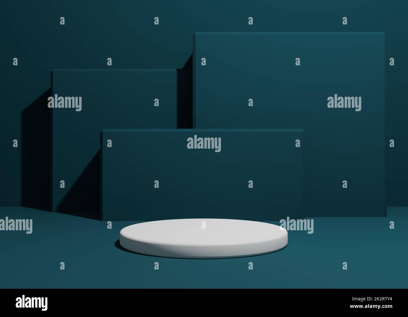Dunkelblaugrün, Aqua-Blau, 3D-Darstellung eines einfachen, minimalistischen Produktanzeigebilds mit einem Podium oder Ständer und geometrischen quadratischen Formen im Hintergrund. Stockfoto