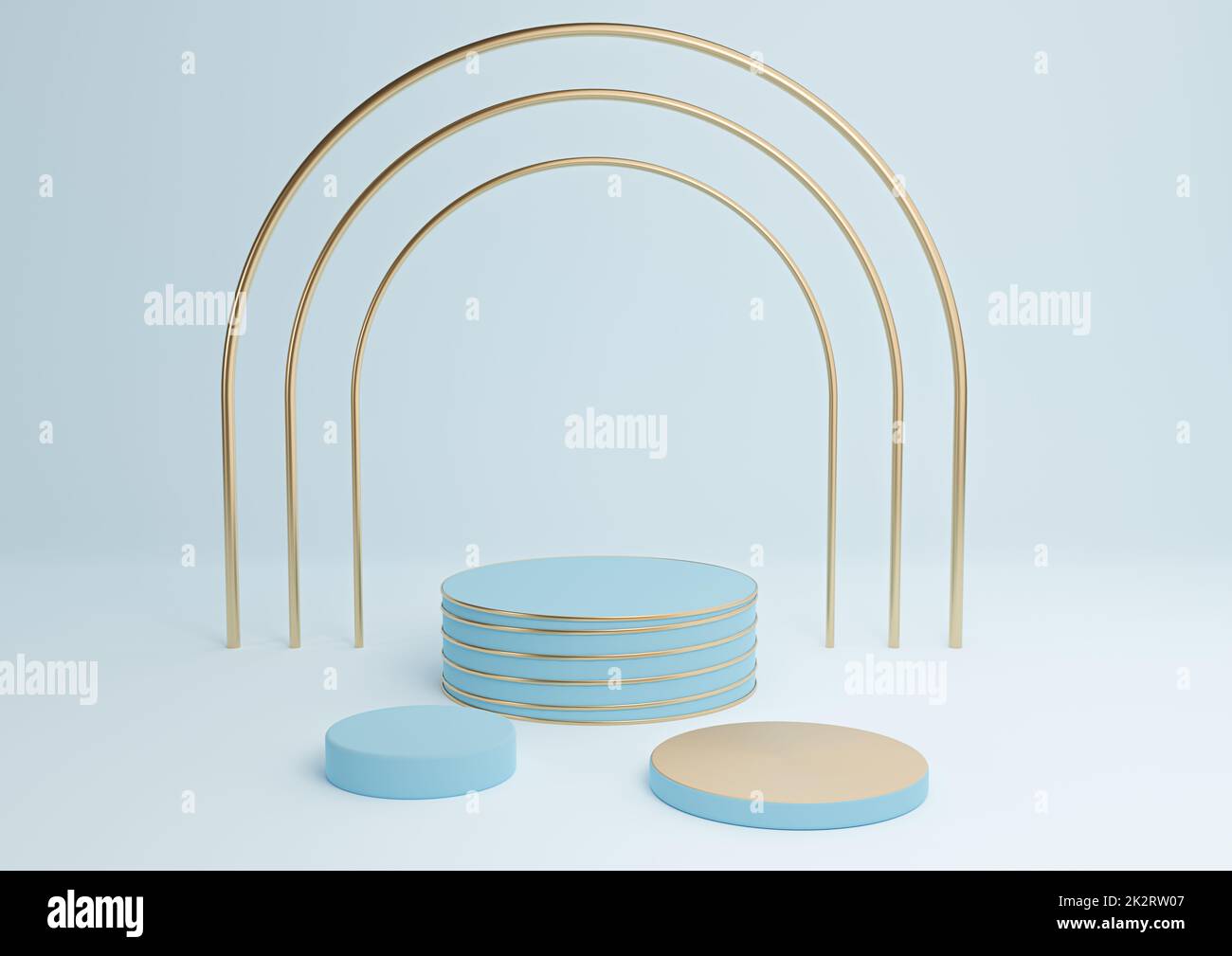 Hell, pastellfarben, babyblau 3D-Darstellung Einfache Produktpräsentation Zylinder Podien mit luxuriösem Goldbogen und Linien drei stehen Minimale abstrakte Hintergrundzusammensetzung Stockfoto