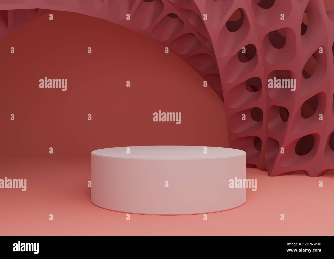 Helle, neonfarbene, lachsfarbene 3D-Darstellung mit Zylinderständer oder Podium und futuristische abstrakte geometrische Formen Moderne Vorlage für minimale Komposition im Hintergrund Stockfoto
